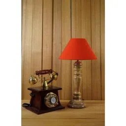 Tucasa Mango Wood Royal Brown Table Lamp with 10 inch Polycotton Red Pyramid Shade, WL-222-picture-2