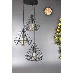 Tucasa Iron Three Diamond Pendent Light with Black Shade, HG-35-3