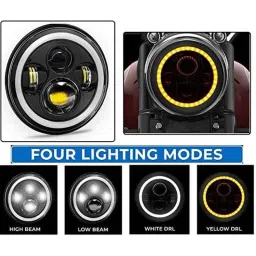 AOW 7 Inch 6 LED Headlight Dual Color DRL Ring Universal for All Royal Enfield Models, Mahindra Thar Jeep (White and Amber, Single Unit) H-41-40