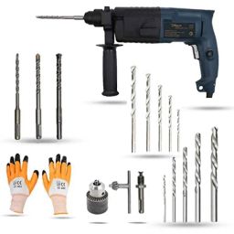 Hillgrove 750W Forward &a; Reverse Rotation Hammer Impact Drill Machine with Drill Chunk, 3 Pcs SDS Plus, SDS Plus Adapter, 5 Pcs HSS Drill Bit, 5 Pcs Masonry Drill Bit &a; Gloves, HGCM876-11