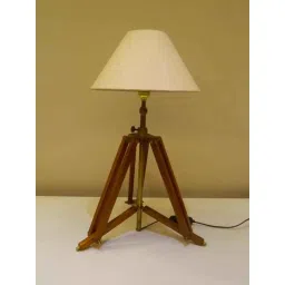 Tucasa Mango Wood Brown Tripod Table Lamp with Polycotton Off White Shade, P-4-18