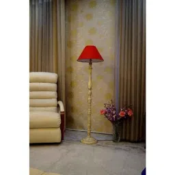 Tucasa White Mango Wood Floor Lamp with Red Conical Polycotton Shade, WF-146-17