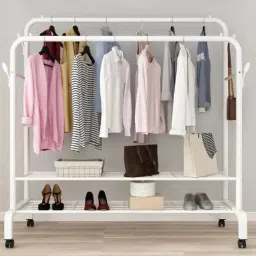 Steel Floor Cloth Dryer Stand Garment Metal Cloth Rack Hanger 4 Wheels 4 Hooks for Hanging Clothes (White)-picture-20