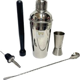 Dynore Stainless Steel 5 Pcs Professional Bar Set- Cocktail Shaker, Tall Peg Measure, Teardrop Bar Spoon, Wine Pourer, PVC Muddler Black 5 - Piece Bar Set-10