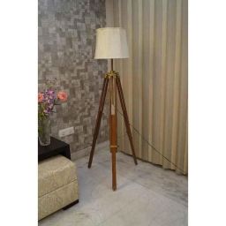 Tucasa Mango Wood Brown Tripod Floor Lamp with Polycotton Off White Shade, P-84-picture-11