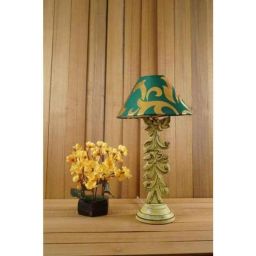 Tucasa Mango Wood Crushed Yellow Carving Table Lamp with 10 inch Polycotton Green Gold Pyramid Shade, WL-66-image-67