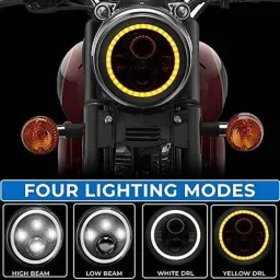 Meenu Arts World 7 Inch 6 LED Head Light Dual Color DRL Ring Universal for All Royal Enfield Bikes, Mahindra Thar Jeep (White and Amber, Single Unit) H-29-74