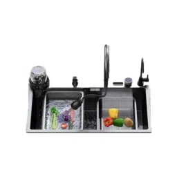 Happy Homes 30x18x9 inch Metal Black Square Double Bowl Waterfall Kitchen Sink with RO Tap-image-33