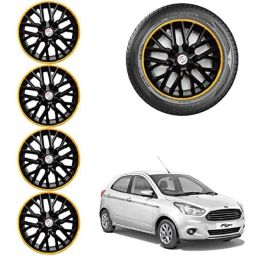 Auto Pearl 4 Pcs 14 inch ABS Black &a; Yellow Car Hubcap Wheel Cover with Retention Ring Set for Figo 2015-30