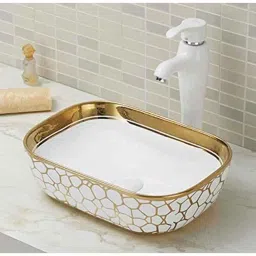 InArt 22x14x6 inch Ceramic Gold &a; White Bathroom Table Top Wash Basin, INA-650-picture-15