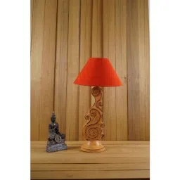 Tucasa Mango Wood Orange Carving Table Lamp with 10 inch Polycotton Red Gold Pyramid Shade, WL-97-image-84