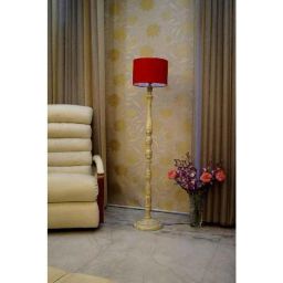 Tucasa White Mango Wood Floor Lamp with Red Drum Polycotton Shade, WF-138-11