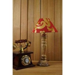 Tucasa Mango Wood Royal Brown Table Lamp with 10 inch Polycotton Red Gold Pyramid Shade, WL-236-picture-5