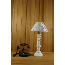 Tucasa Mango Wood White Table Lamp with 10 inch Polycotton White Silver Pyramid Shade, WL-121-image-110