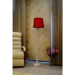 Tucasa Vintage White Mango Wood Floor Lamp with Red Cylindrical Polycotton Shade, WF-21-image-15