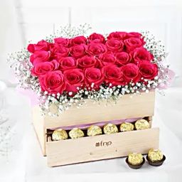 Lovely Roses & Ferrero Rocher Wooden Arrangement-image-78
