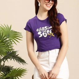 Women Printed Round Neck Pure Cotton Purple T-Shirt-image-21