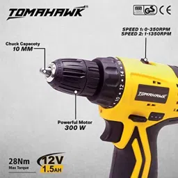 Tomahawk T7384 12V 1350rpm Cordless Screwdriver with Reversible Switch, Multi-Torque Clutch &a; 10mm Keyless Chuck image 3
