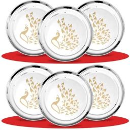 Classic Essentials CE-06 6 Pcs Stainless Steel Permanent Laser Peacock Design Dinner Plate Set (Pack of 5)-picture-34
