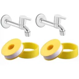Senkiddpro 2 Pcs Stainless Steel Chrome Finish Wall Mounted Long Body Tap Set with Wall Flange &a; Teflon Tape-image-77