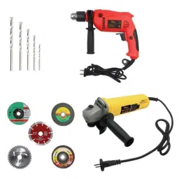 Hillgrove HGCM343M1 850W Angle Grinder, 700W 13mm Drill Machine, 5 Pcs Grinding Wheels &a; 5 Pcs Masonry Drill Bits Combo, HGCM635-27