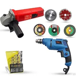 Hillgrove 850W Angle Grinder, 500W 10mm Drill Machine, 5 Pcs Wheel &a; 9 Pcs Drill Bits Combo, HGCM1172-19