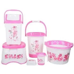 Joyo Super Deluxe 6 Pcs Plastic Pink Square Bucket, Dustbin, Bath Tub, Super Bath Small Patla, Mug &a; Soap Case Set with Free Lasaani Water Bottle-1