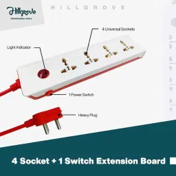 Hillgrove HGCM304M1 10A 4 Socket 1 Switch White Power Extension Board with Analog Line Tester, HGCM574 image 2
