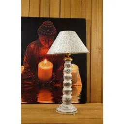Tucasa Mango Wood Old White Table Lamp with 10 inch Polycotton Silver Circle Pyramid Shade, WL-172-image-97
