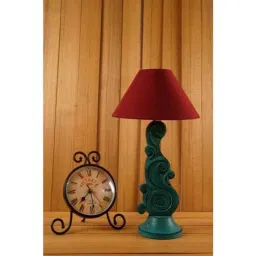 Tucasa Mango Wood Mistique Green Carving Table Lamp with 10 inch Polycotton Maroon Pyramid Shade, WL-44-13