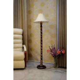Tucasa Mango Wood Black &a; Gold Floor Lamp with Off White Conical Polycotton Shade, WF-64-picture-18