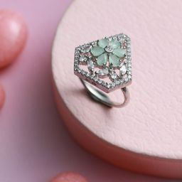 Jazz and Sizzle Silver-Plated Lime Green Coloured & White AD Studded Ring-image-25
