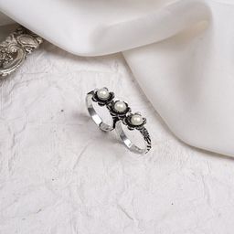 VENI Set Of 2 Oxidized Silver-Plated & White Pearl-Studded Finger Ring-image-76