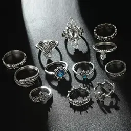 Pinapes Pack Of 12 Silver Plated  & Stone Studded Finger Ring-33