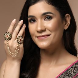 PANASH Gold-Plated Stone-Studded & Pearl Beaded Finger Ring-58