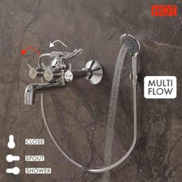 ZAP Elixir 2-in-1 Brass Wall Mixer with Crutch, Multi Flow Hand Shower &a; 1.5m SS Hose Pipe image 2