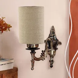 Devansh Beige & Gold Toned Antique Wall Lamp With Jute Conical Shade-43