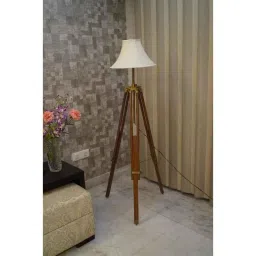 Tucasa Mango Wood Brown Tripod Floor Lamp with Polycotton Off White Shade, P-86-picture-8