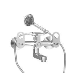 ZAP Geo Brass Polished Finish Silver Wall Mounted 2 in 1 Wall Mixer with Crutch, Multi Flow Hand Shower &a; 1.5m Stainless Steel Hose Pipe-image-11
