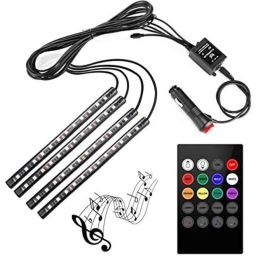 AOW Rally 4X 12 LED Car Interior Floor Atmosphere Strip Light Under Dash Interior LED Lighting Kit with Sounds Activated Remote (6W, Multicolor) Universal for All Cars Q-9-6