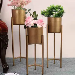 pristine interiors Set Of 3 Gold Metal Floor Planters-picture-0