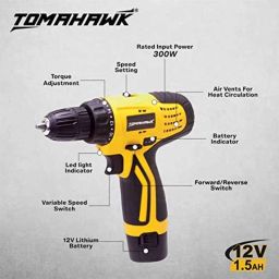 Tomahawk T7384 12V 1350rpm Cordless Screwdriver with Reversible Switch, Multi-Torque Clutch &a; 10mm Keyless Chuck image 2