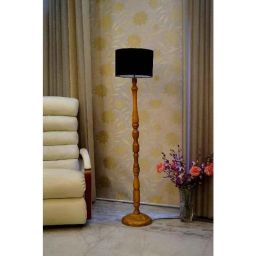 Tucasa Mango Wood Camel Floor Lamp with Black Drum Polycotton Shade, WF-106-78