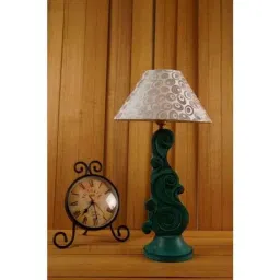 Tucasa Mango Wood Mistique Green Carving Table Lamp with 10 inch Polycotton Silver Circle Pyramid Shade, WL-31-image-20