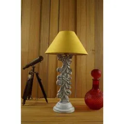 Tucasa Mango Wood Antique  White Carving Table Lamp with 10 inch Polycotton Yellow Pyramid Shade, WL-8-2