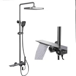 Aquieen Brass Grey Shower Set with Temperature Control &a; Waterfall Mixer-image-10