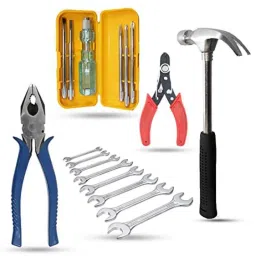 Hillgrove Curved Claw Hammer, 8 inch Plier, 5-in-1 Screwdriver, Wire Cutter &a; 8 Pcs Double Open End Wrench Combo, HGCM886-39