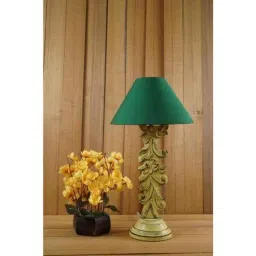 Tucasa Mango Wood Crushed Yellow Carving Table Lamp with 10 inch Polycotton Green Pyramid Shade, WL-56-image-92