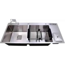 IRIS 45x20x10 inch Stainless Steel Satin Silver Double Bowl Kitchen Sink with Dustbin &a; Tap Hole-image-20