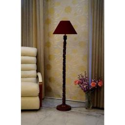 Tucasa Mango Wood Dark Brown Floor Lamp with Maroon Conical Polycotton Shade, WF-130-3